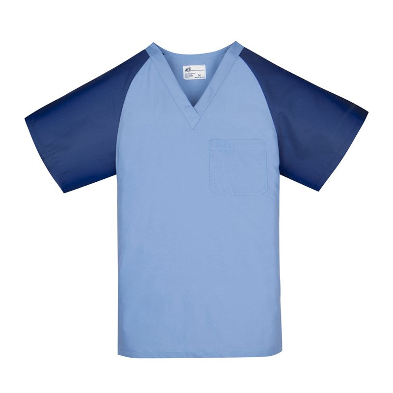 Wholesale Unisex Scrub Top, Raglan Sleeves (1 Chest Pocket) Ceil Blue w/ Navy Blue Sleeve 2 Dozen (24 pcs)