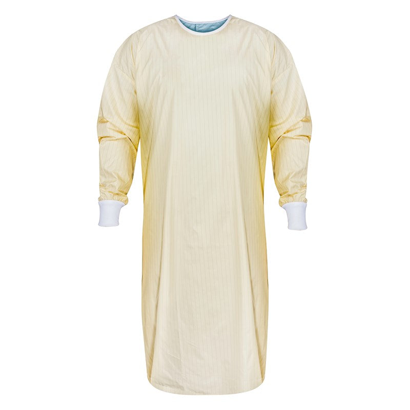 Wholesale Protective Gown, Set in Sleeve, Knit Cuffs, Yellow w/ Blue Back, 75 Check Grid, Open Back 4 Dozen (48 pcs)