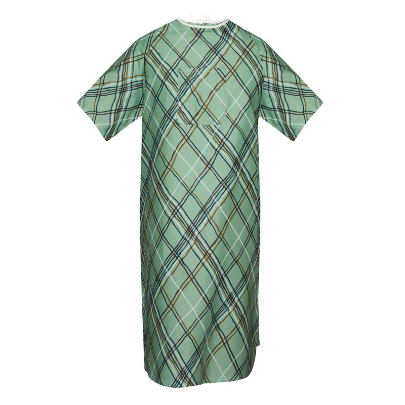 Wholesale-IV Gown 47 x 64 Angle Back, 2 Tie Overlap, Niah Plaid, Green-15 DOZEN (180 PCS)
