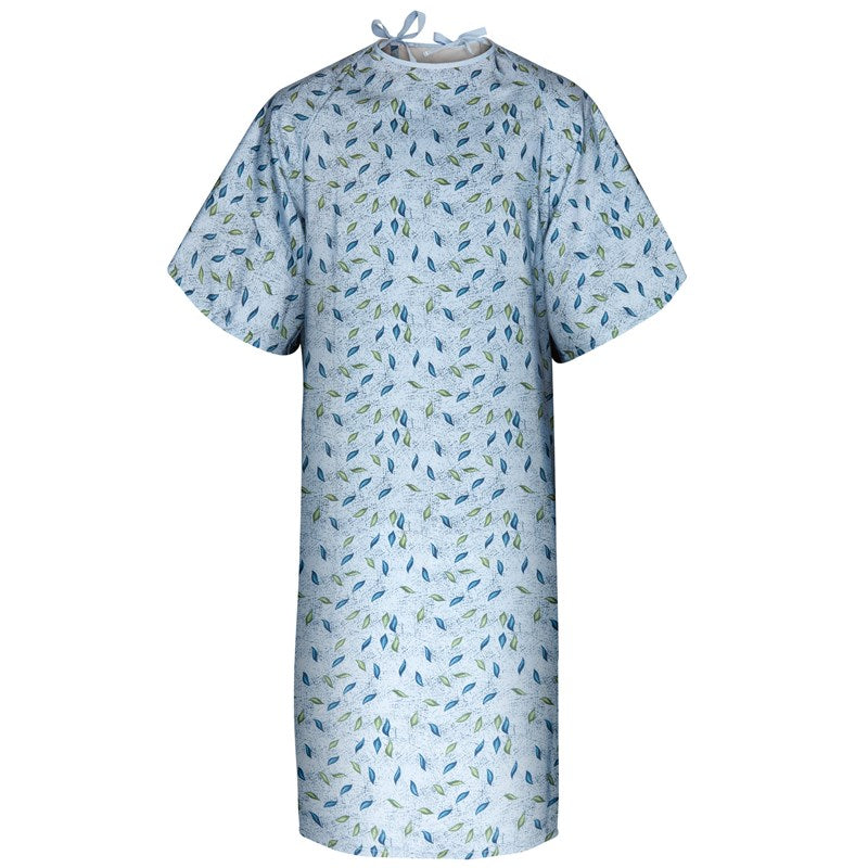 WHOLESALE-Patient Gown 49 x 68 Angle Back, 3 Tie Overlap, Leaf Print Blue-4 DOZEN (48 PCS)