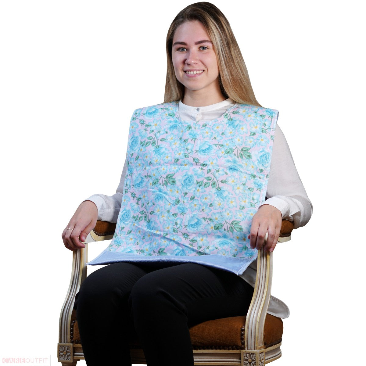 Washable Adult Bib with Crumb Catcher and Vinyl Backing with Velcro (Big Flower Print)