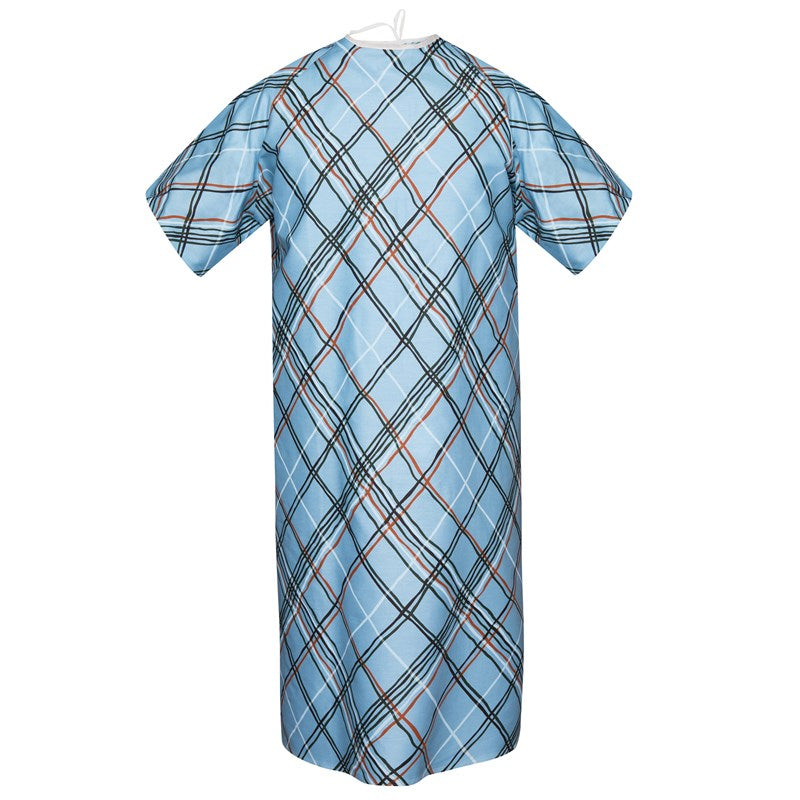 WHOLESALE-Patient Gown 47 x 64 Angle Back, 2 Tie Overlap, Pacifica Plaid Print, Blue-15 DOZEN (180 PCS)