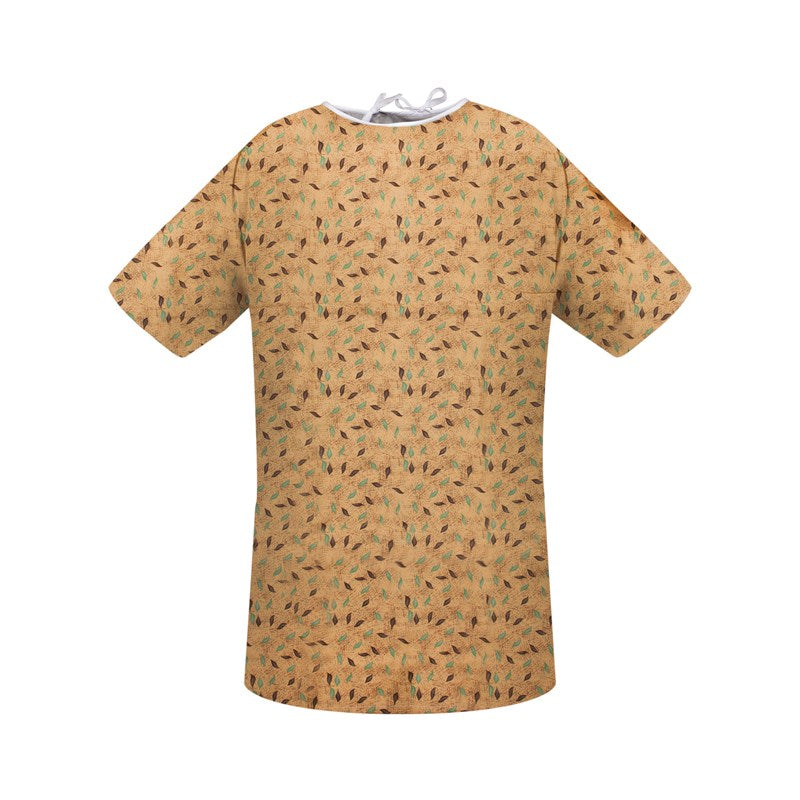 WHOLESALE-Patient Gown 48 x 107 Angle Back, 3 Tie Overlap (10X-Large) Leaf Print, Beige-4 DOZEN (48 PCS)