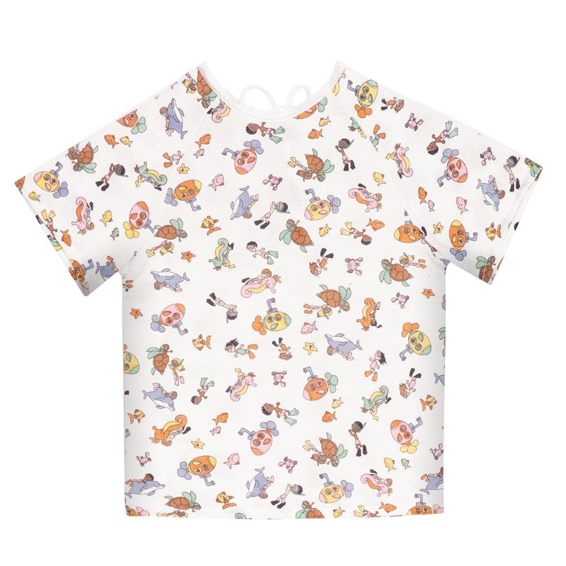 WHOLESALE-Pediatric Gown, Center Back, Tie Overlap, Under the Sea Print White, X-Small-2 DOZEN (24 PCS)