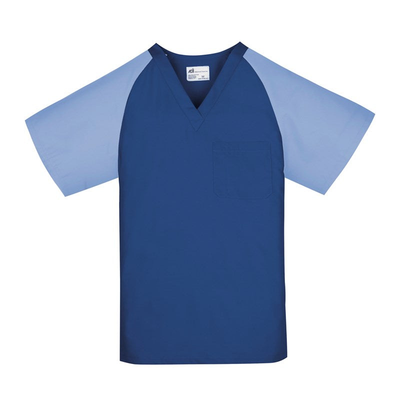 Wholesale Unisex Scrub Top, Raglan Sleeves (1 Chest Pocket) Navy Blue w/ Ceil Blue Sleeve 2 Dozen