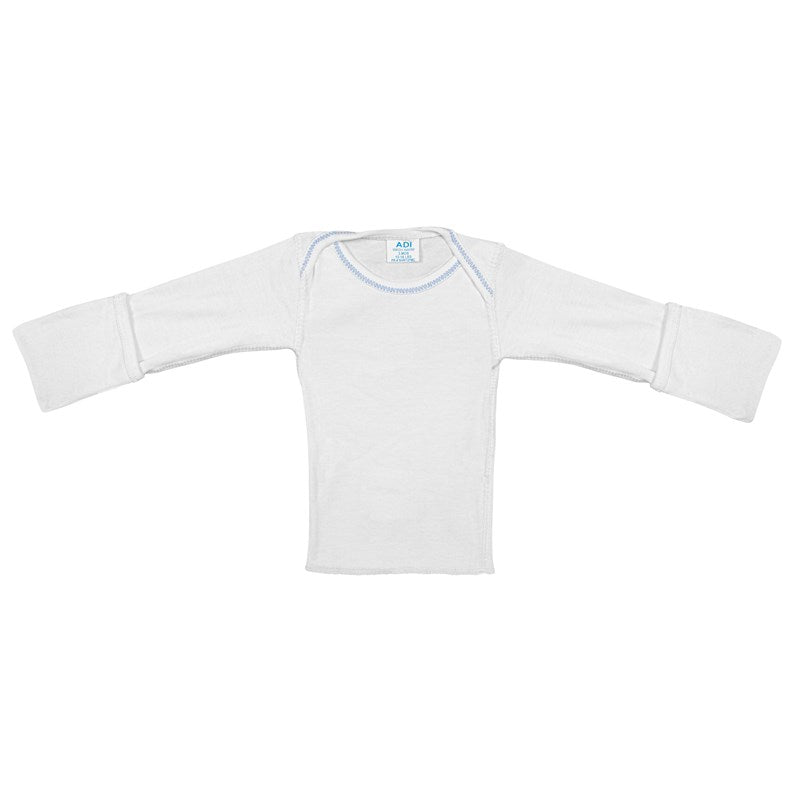 Wholesale-Baby Shirt, Long Sleeve, Mitten Cuff, Pullover, White w/ Blue H, 3 Months-25 dozen (300 pcs)