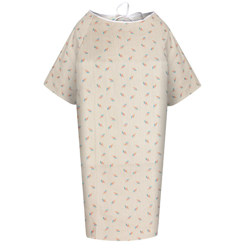 WHOLESALE-Patient Gown 43 x 66 Angle Back, 2 Tie Overlap, Carmel Matchstick Print, Beige-6 DOZEN (72 PCS)