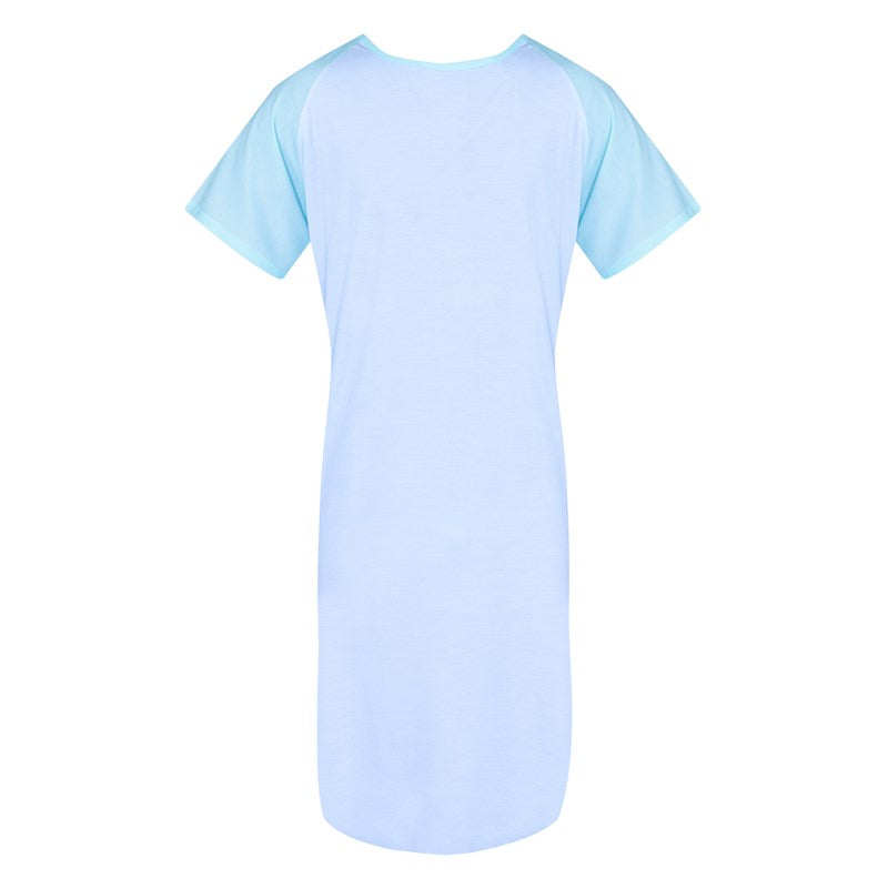 WHOLESALE-Teen Patient Gown, Raglan Sleeve, Center Back, 2 Tie Overlap, Brushed Blue w/ Mint Sleeves-6 DOZEN (72 PCS)