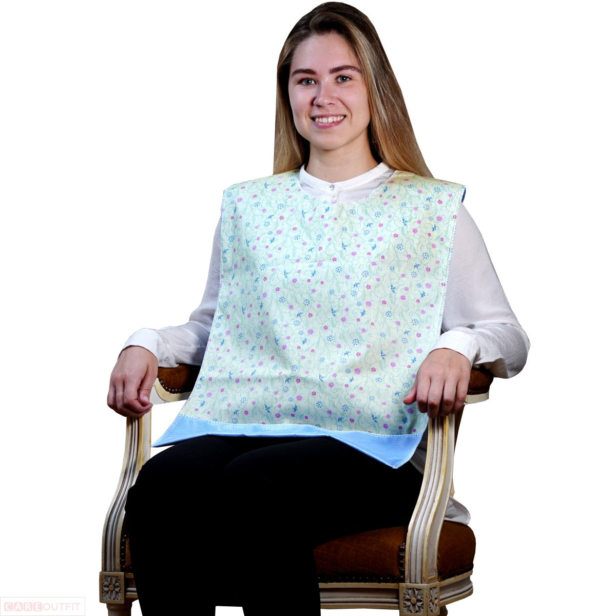 Reusable Adult Bib with Crumb Catcher and Vinyl Backing with Velcro Closure (Flower Prints)