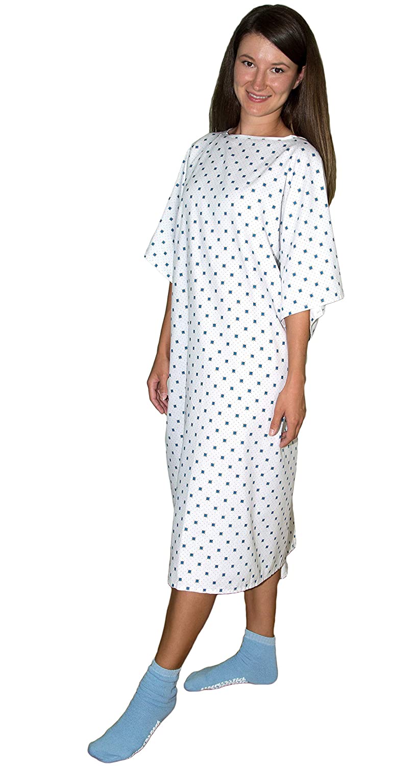 Deluxe Demure Print Hospital Gown / Hospital Patient Gown w/ Back Ties White