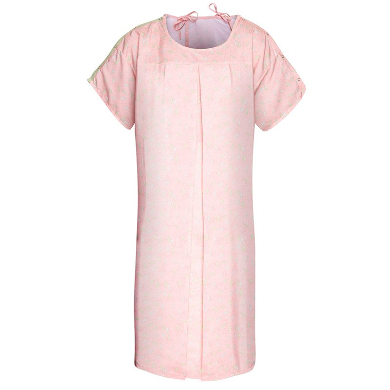 WHOLESALE-Mothers Gown 48 x 80 Center Back, 3 Tie Overlap, Nursing Holes, Leaf Print, Pink-4 DOZEN (48 PCS)