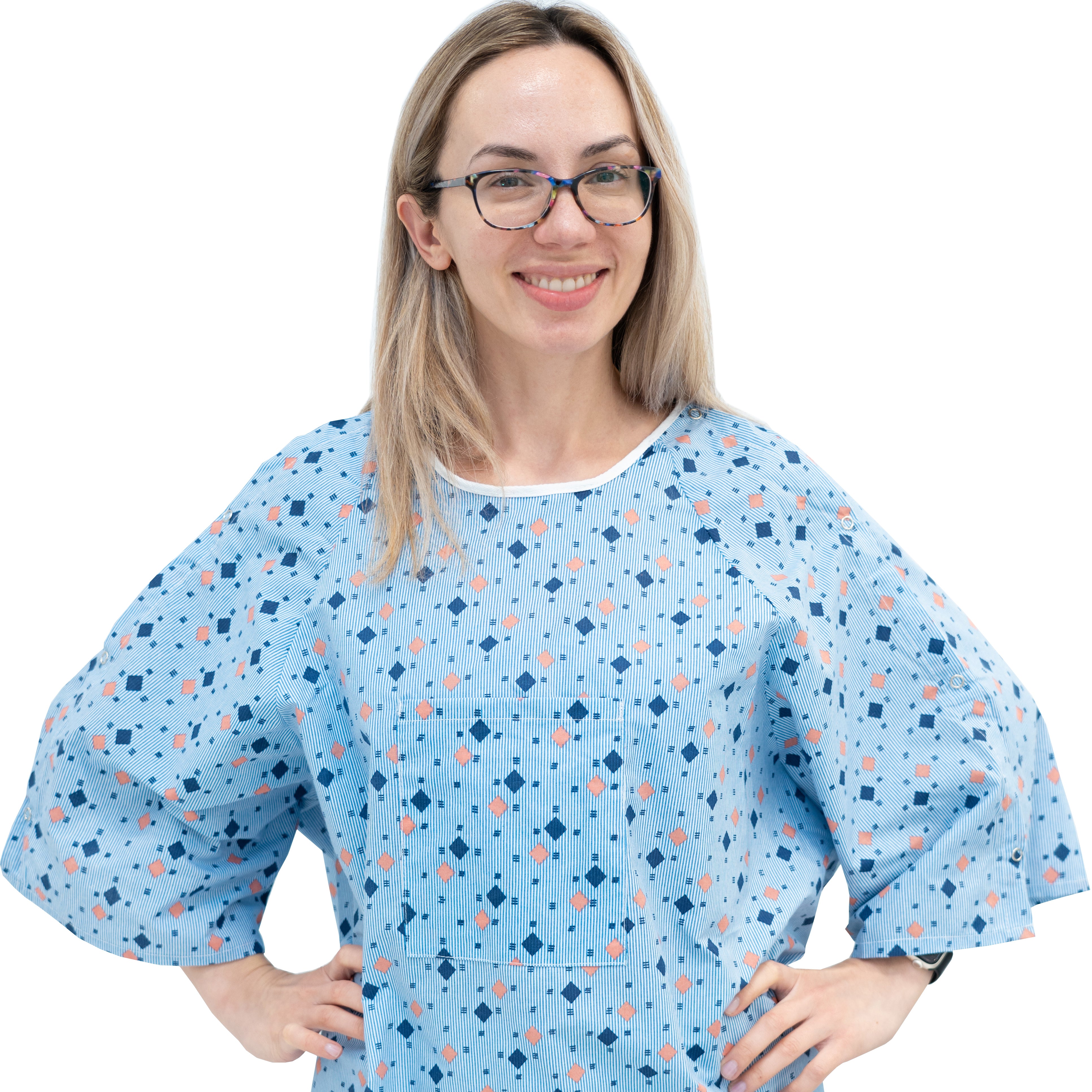 Wholesale Unisex Hospital Gown IV Snap Sleeves - Patient Gowns Comfortably Fits Sizes up to 2XL - Tie Back - Diamond Pattern Blue