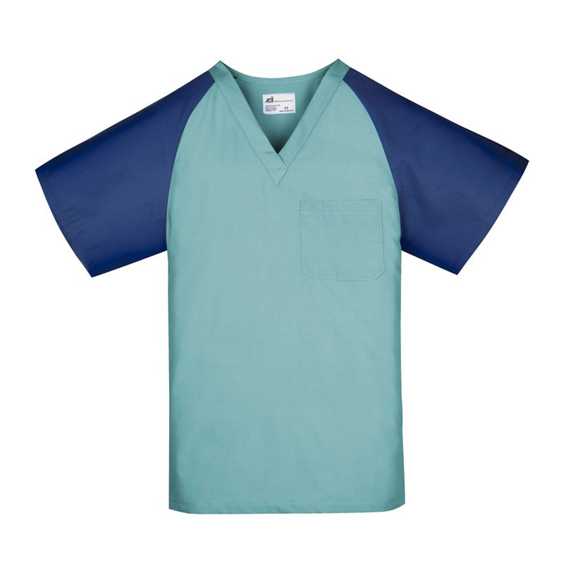 Wholesale Unisex Scrub Top, Raglan Sleeves (1 Chest Pocket) Misty Green w/ Navy Blue Sleeve 2 Dozen
