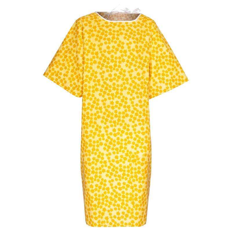 WHOLESALE-Patient Gown 48 x 68 Center Back, 2 Tie Overlap (Fall Prevention) Maple Leaf, Yellow-6 DOZEN (72 PCS)