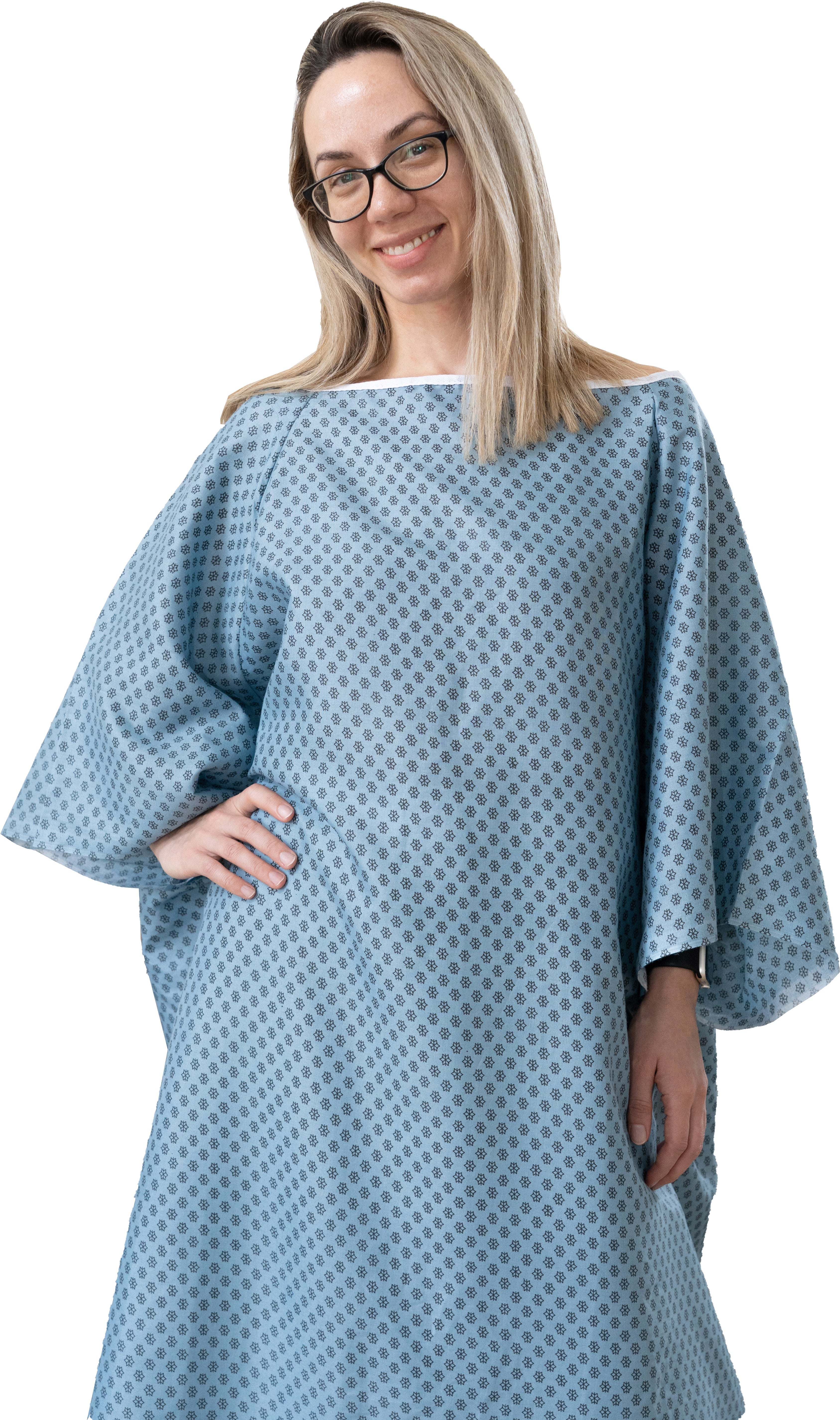 Oversized Wholesale Hospital Gowns - 5XL Value Washable Hospital Robe Blue Snow Crystal Print, Dual Back Ties