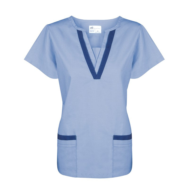 Wholesale Women's V-Neck Tunic (2 Lower Pockets) Ceil Blue w/ Navy Blue Trim 2 Dozen