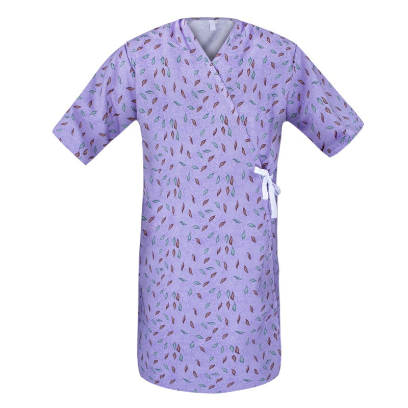 WHOLESALE-Patient Gown 45 x 70 Open Front, Waist Tie, Leaf Print, Purple-4 DOZEN (48 PCS)