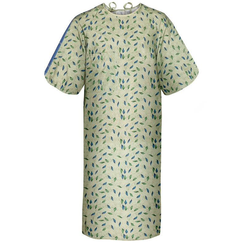 WHOLESALE-IV Gown 49 x 68 Angle Back, 3 Tie Overlap, Leaf Print, Green-4 DOZEN (48 PCS)