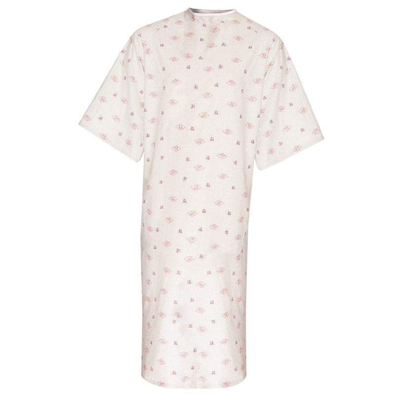 WHOLESALE-Patient Gown 48 x 66.5 Angle Back, 3 Tie Overlap, Diamond Pinstripe Print, Rose/Grey-6 DOZEN (72 PCS)