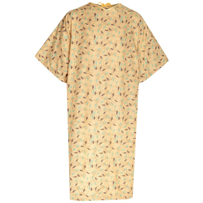 WHOLESALE-Patient Gown 48 x 107 Angle Back, 3 Tie Overlap (10X-Large) Leaf Print Beige-4 DOZEN (48 PCS)