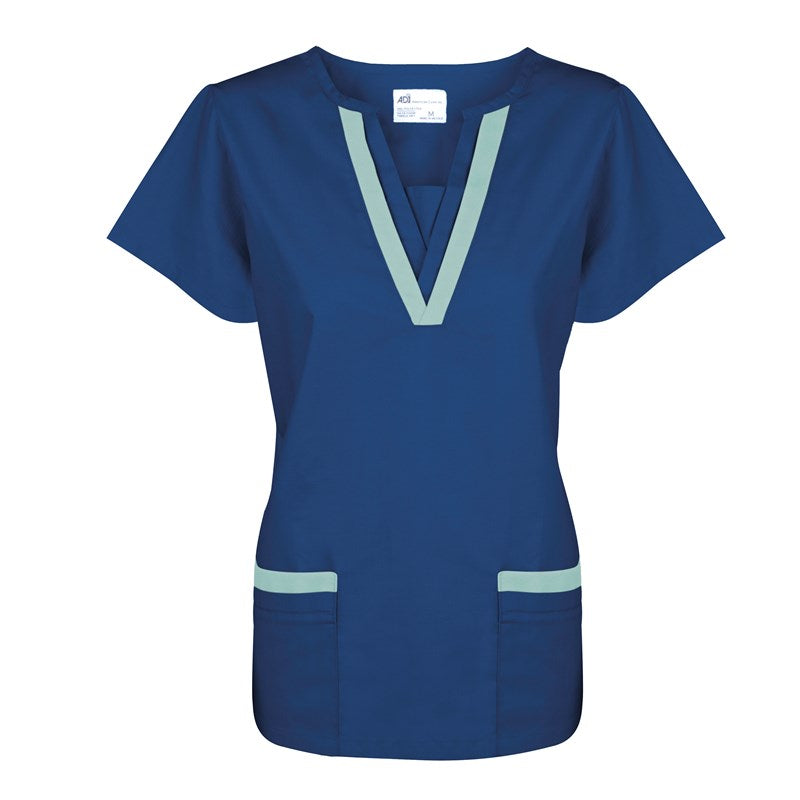 Wholesale Women's V-Neck Tunic (2 Lower Pockets) Navy Blue w/ Misty Green Trim 2 Dozen