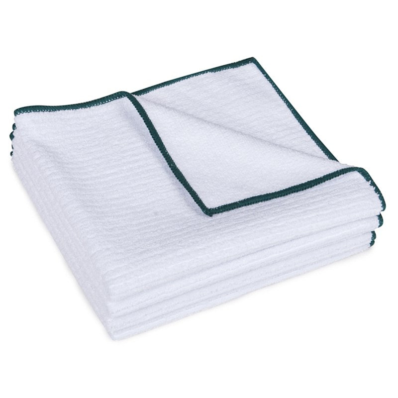 Wholesale 14x18 White Microfiber Towel Ribbed w/ Green Binding 20 Dozen