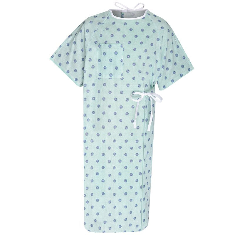 WHOLESALE-IV Gown 49 x 80 Angle Back, 2 Tie Overlap, Cypress Compass Print, Green-4 DOZEN (48 PCS)