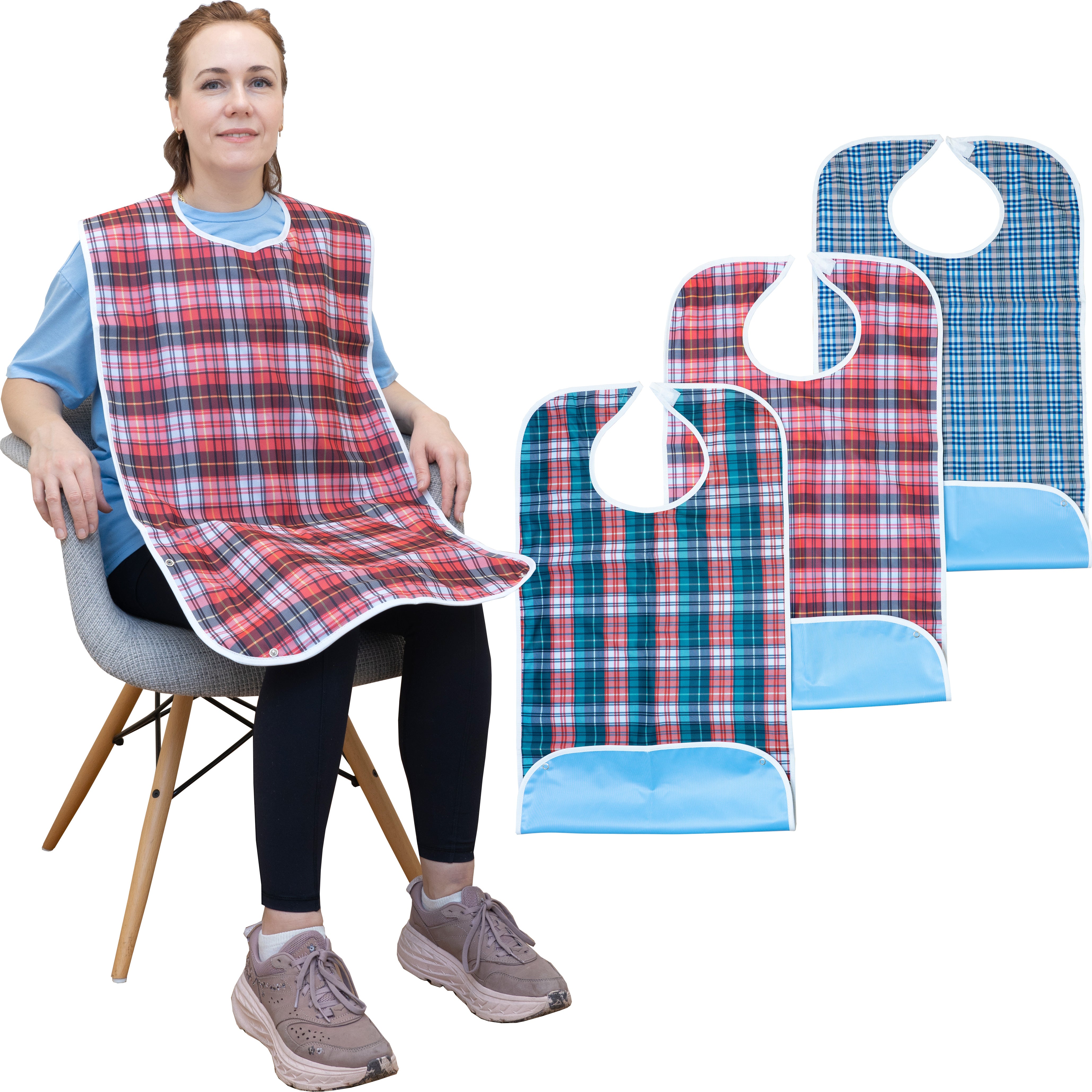 3-Pack Adult Bibs, Washable, 18x36 Inches, Hook and Loop Closure, Vinyl Backing, Optional Crumb Catcher - Reusable and Durable