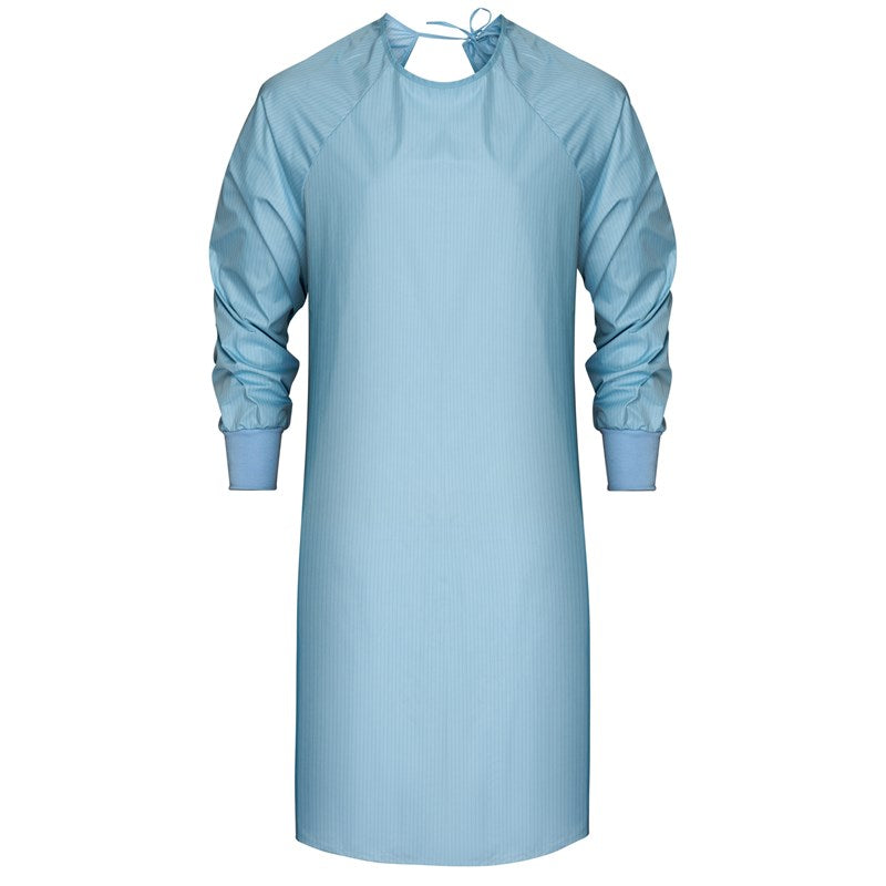 Wholesale Protective Gown, Raglan Sleeve, Knit Cuffs, Blue w/ Carbon, 75 Check Grid, Open Back 6 Dozen (72 pcs)