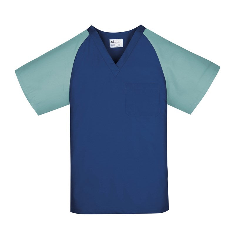 Wholesale Unisex Scrub Top, Raglan Sleeves (1 Chest Pocket) Navy Blue w/ Misty Green Sleeve 2 Dozen