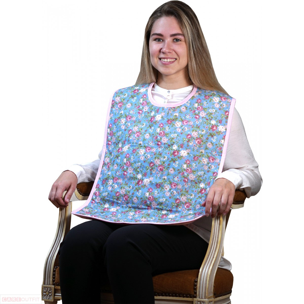 Long Length Quilted Adult Bib with Velcro Closure - Floral Print with Pink Backing