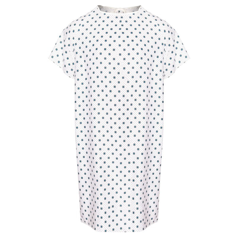 WHOLESALE-Patient Gown 42 x 52 Center Back, 2 Tie Overlap, Laguna Print, White-6 DOZEN (72 PCS)