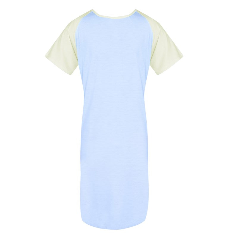 WHOLESALE-Teen IV Gown, Raglan Sleeve, Center Back, 2 Tie Overlap, Brushed Blue w/ Yellow Sleeves-6 DOZEN (72 PCS)