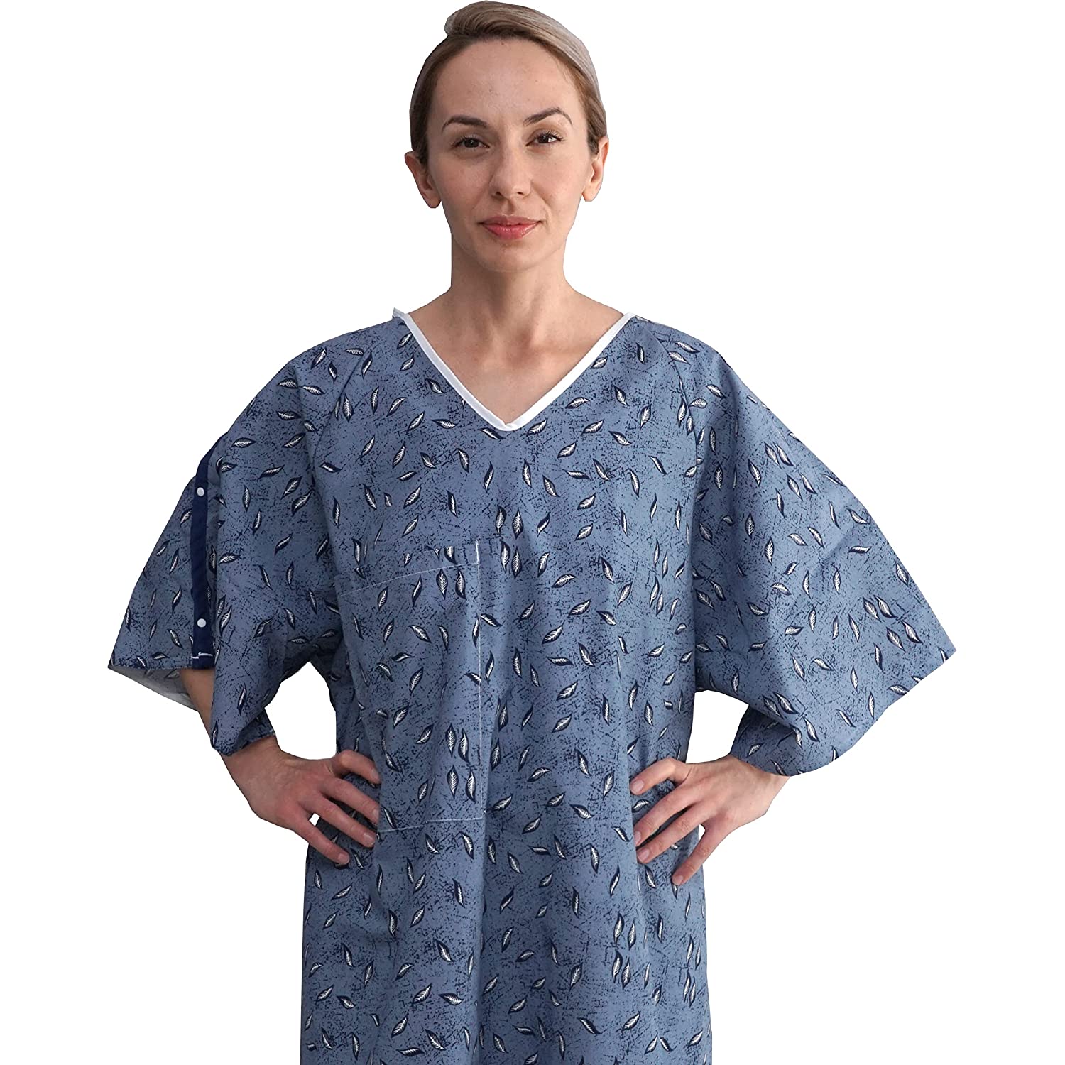 Hospital Patient Gown, IV, Tie side w/Telemetry Pocket, Size Medium - XL, Blue Leaf Print