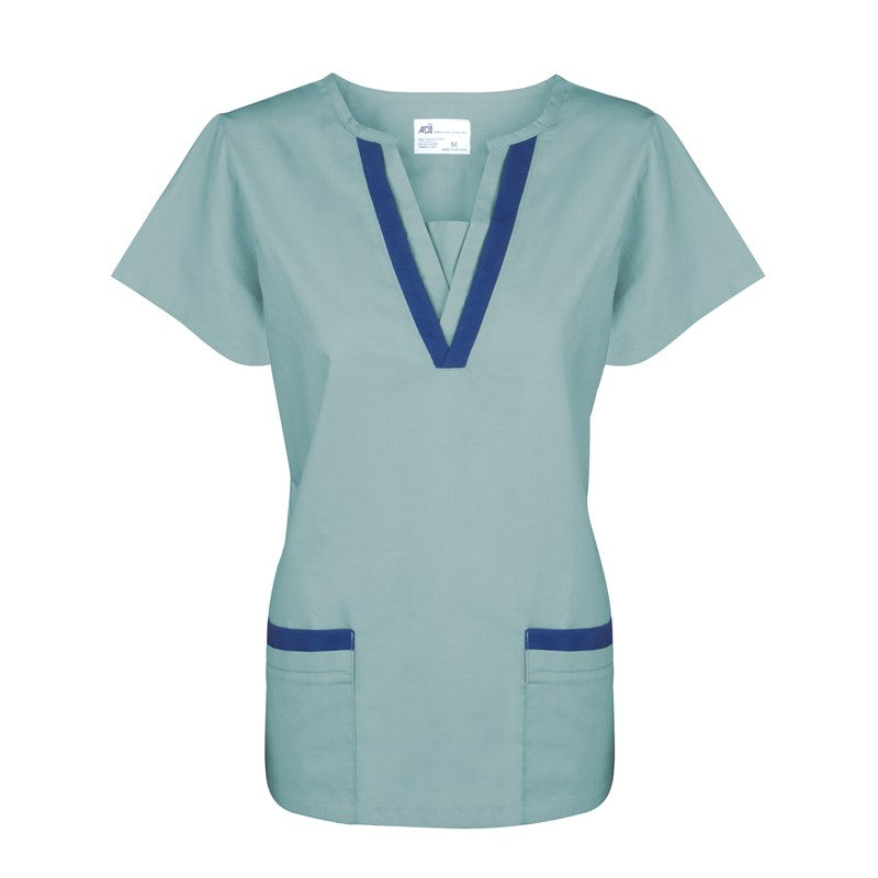 Wholesale Women's V-Neck Tunic (2 Lower Pockets) Misty Green w/ Navy Blue Trim 2 Dozen